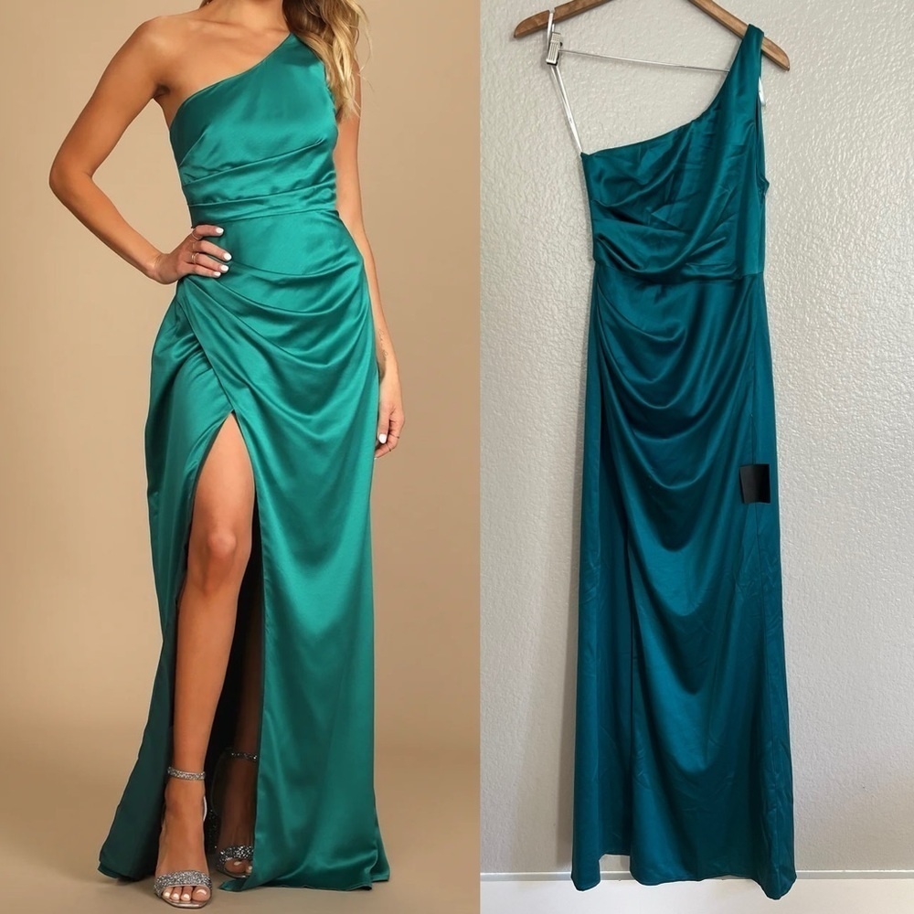 Dreaming of Elegance Dark Teal Satin One-Shoulder Maxi Dress